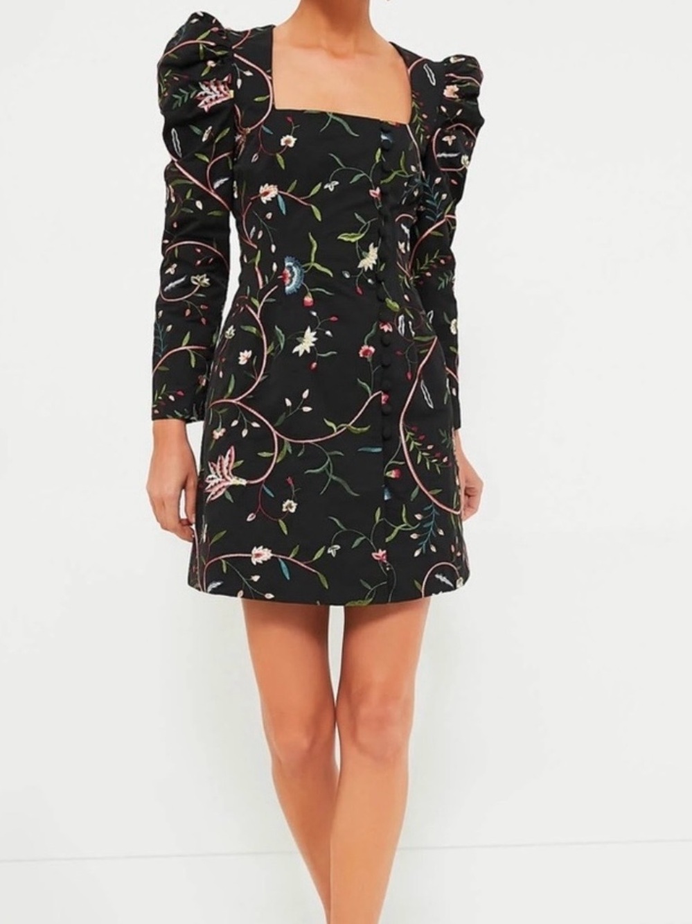 Tuckernuck Calla Dress - Black Embroidered Floral Puff-Sleeve Dress